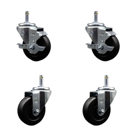 Service Caster 3.5'' Soft Rubber Wheel Swivel 7/16'' Grip Ring Stem Caster Set 2 Brakes, 4PK SCC-GR20S3514-SRS-TLB-716138-2-S-2
